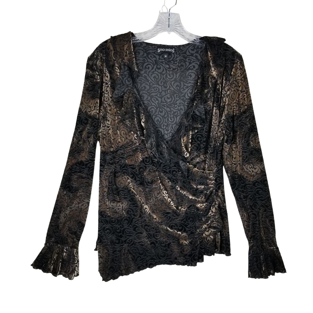 Sno Skins Wrap Top Women Medium Black Bronze Burnout Velvet Damask Ruffle 91121
